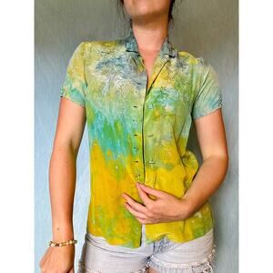Hand Dyed Green Yellow Silk Vintage Blouse Embroidered Short Sleeve Small